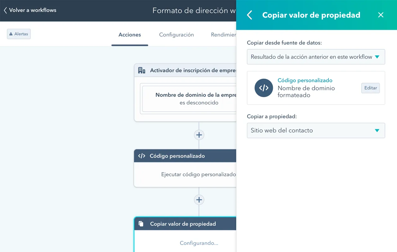 Vista del creador de workflows