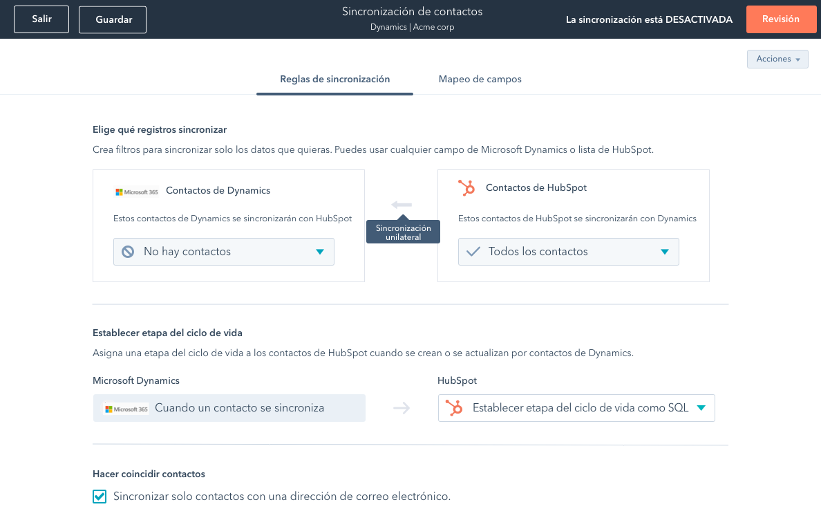 Vista de las reglas para la sincronización de datos