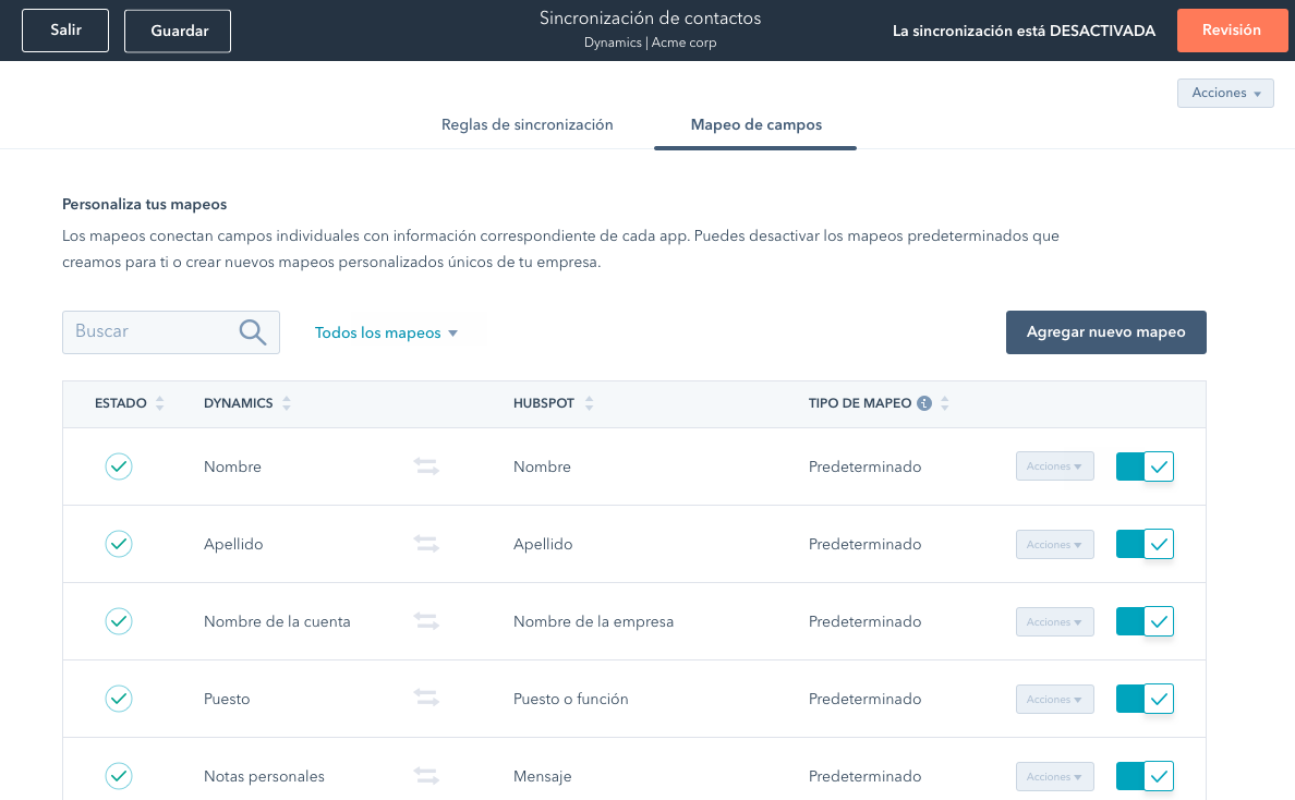 Tabla con los campos de cada base de datos siendo asignados