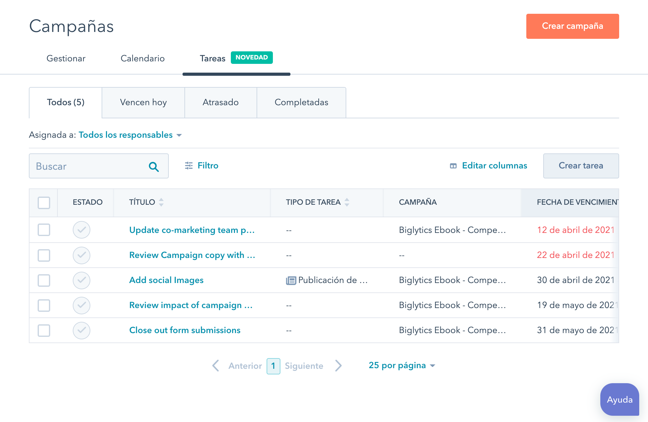 Lista de tareas en la herramienta de campañas.