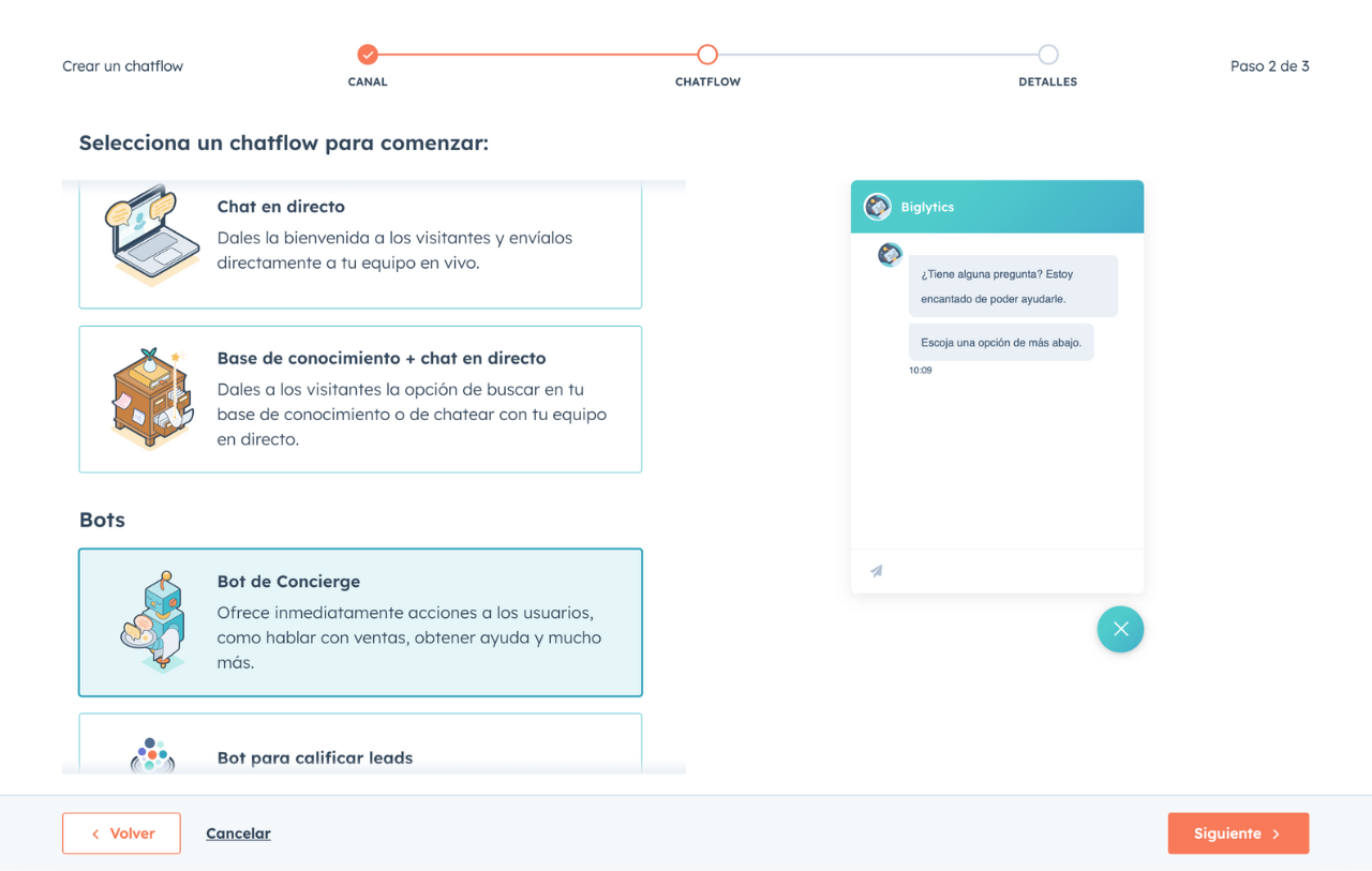 Interfaz del creador de chatflows mostrando las opciones para agregar un chat en directo y un chatbot al sitio web