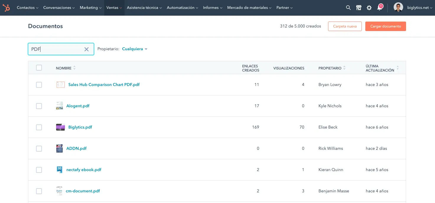 biblioteca de documentos en HubSpot