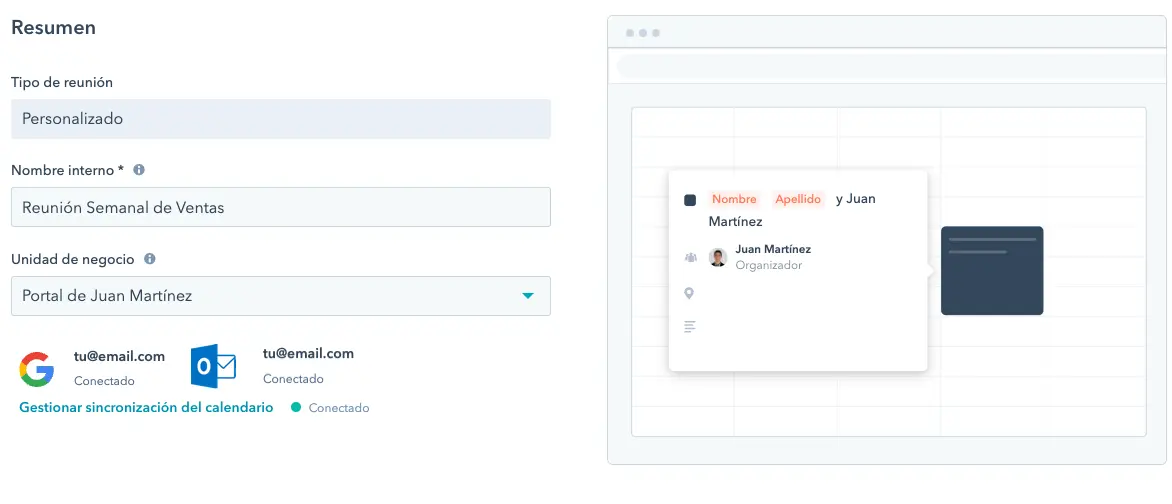 configuración calendario compartido en HubSpot