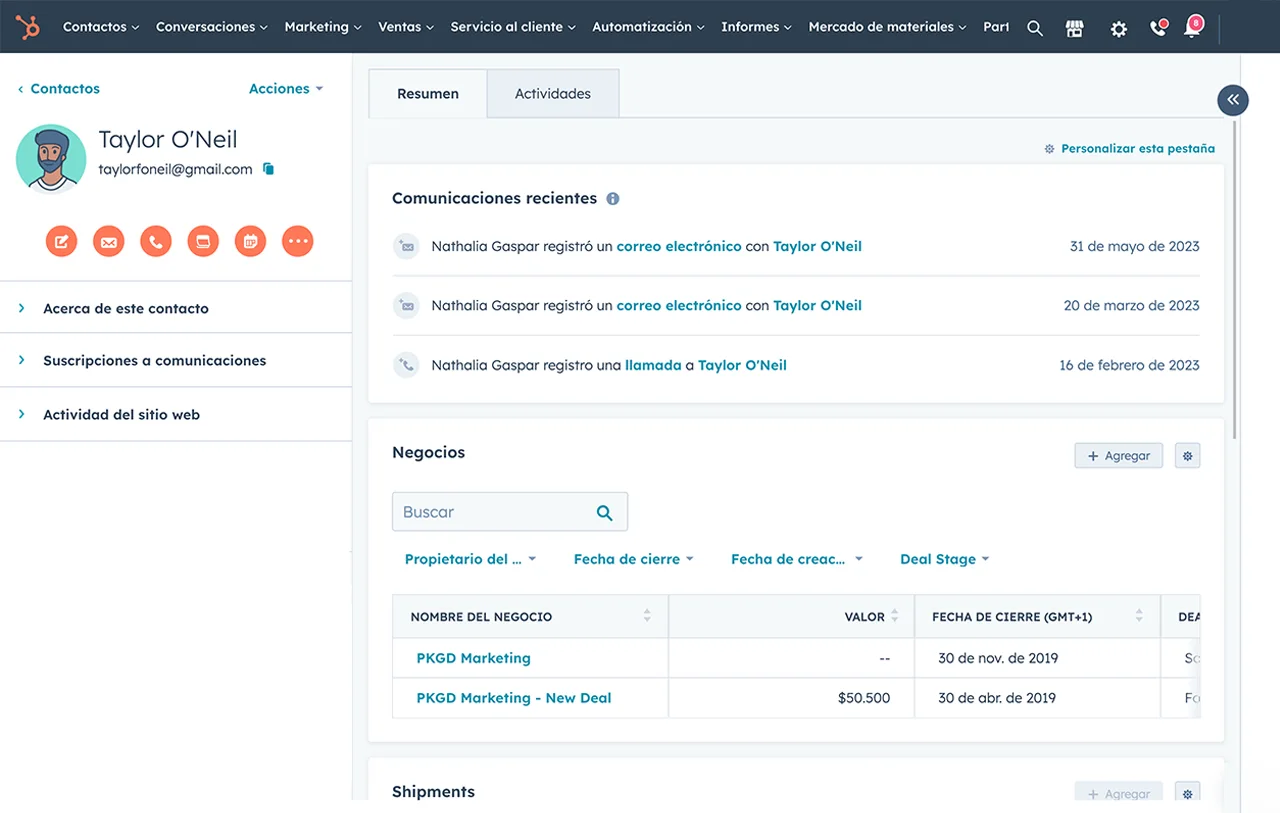 Historial del lead en un registro de contacto de HubSpot