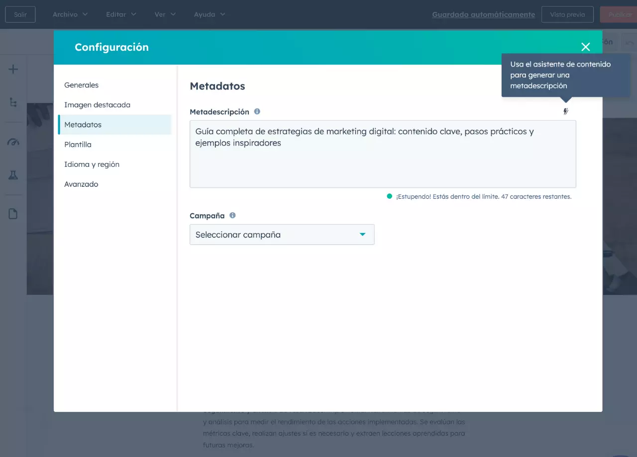 El asistente de contenido con IA de HubSpot incluye una herramienta para escribir metadescripciones