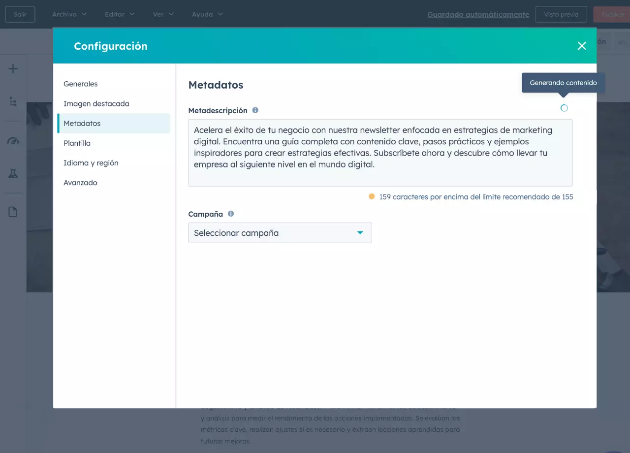 El generador de metadescripciones de HubSpot proporciona recomendaciones en cuanto a la longitud de caracteres