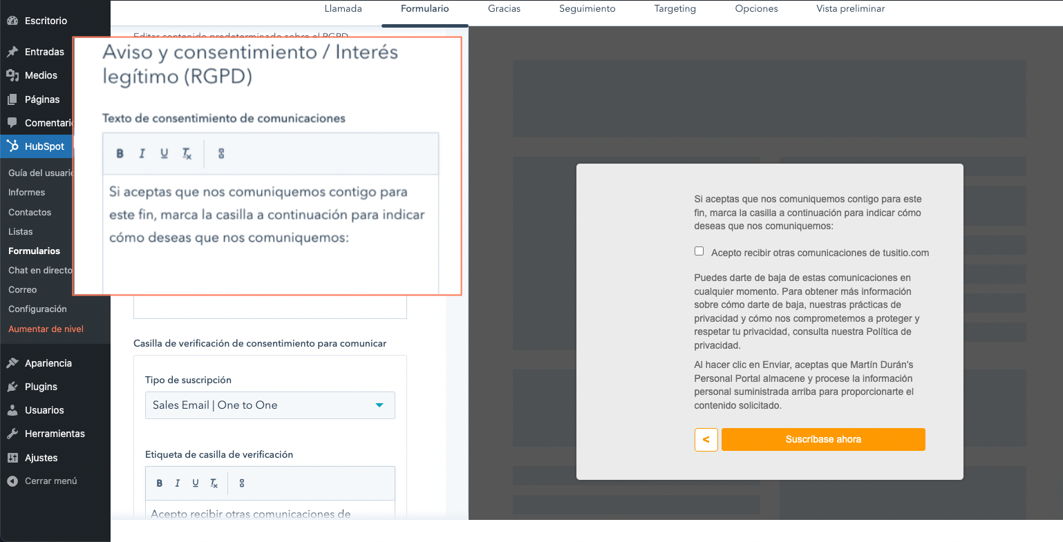 opcion de RGPD en popup para WordPress