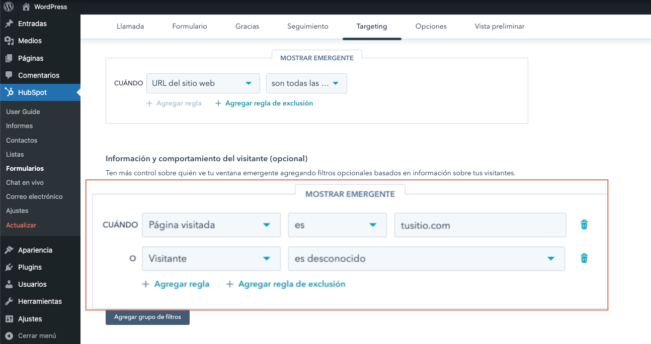 opciones de targeting en formulario de WordPress creado en HubSpot