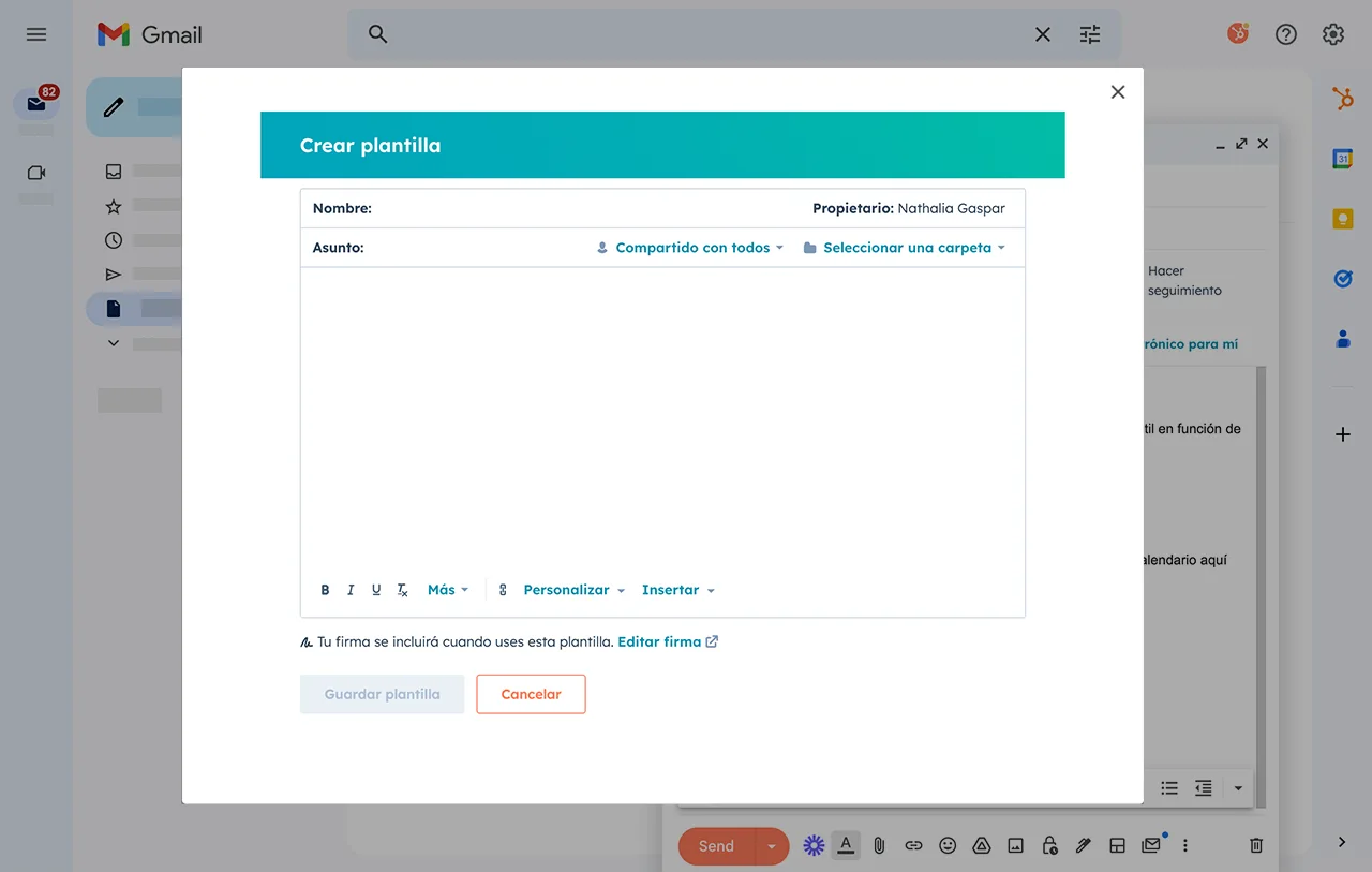 Ventana para crear plantilla en Gmail del creador de plantillas de HubSpot