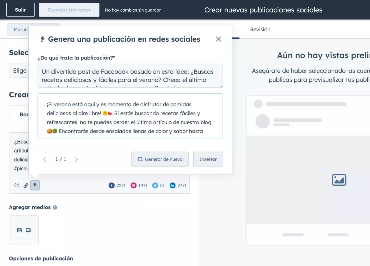 El generador de contenido para redes sociales puede crear adaptar texto a los requisitos específicos de Facebook