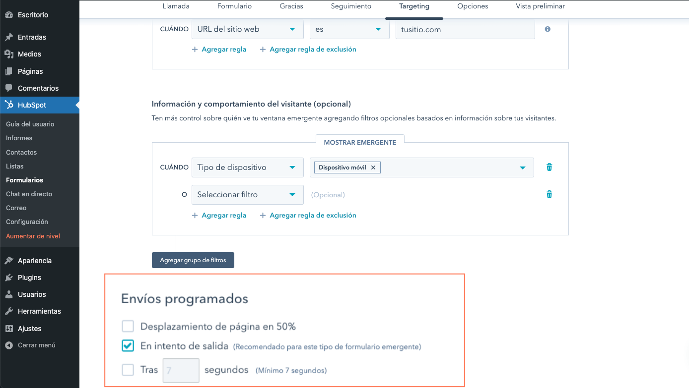 opciones de targeting en popup para WordPress